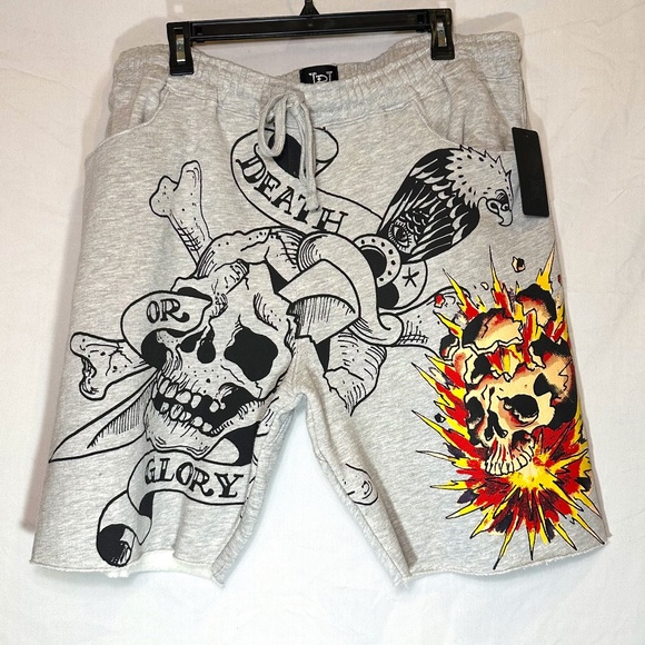 Ed Hardy Fleece Sweats Shorts Graphic Skull Drawstring Gray Men Size XL NWT